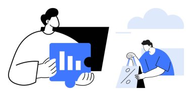 İki kişi, biri bulmaca parçasındaki bar çizelgelerini analiz ediyor, diğeri de indirimli işaretli alışveriş torbalarını tutuyor. İş analizi, e-ticaret, satış, pazarlama, takım çalışması, veri sunumu için ideal