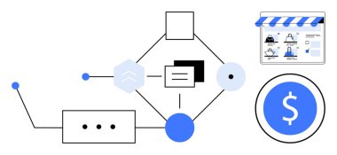 Flowchart with icons showing an online store interface, financial transaction symbol, connecting nodes, and lines. Ideal for business processes, e-commerce, finance, digital transactions, workflow