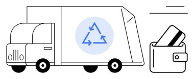 İçinde mavi geri dönüşüm sembolü olan geri dönüşüm kamyonu, yanında da kredi kartları olan cüzdan. Çevre dostu uygulamalar, sürdürülebilirlik, atık yönetimi, yeşil finans, çevre bilinci, kurumsal