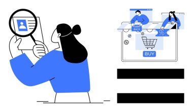 Elinde büyüteçle belgeleri tutan kadın, detayları inceliyor. Alışveriş arabasıyla elektronik ticaret arayüzü, geri ödeme ve indirimler. E-ticaret için ideal, çevrimiçi alışveriş, finansal analiz, ürün