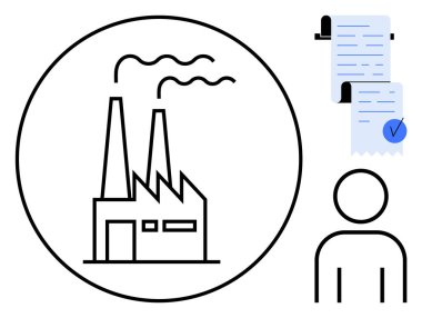 Çemberin içindeki siyah beyaz fabrika, insan figürü ve işaretli mavi bir belge. Endüstriyel yönetim, üretim, uyum, düzenlemeler ve verimlilik için ideal