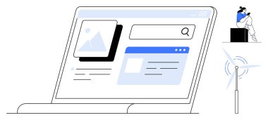 Laptop içerik yönetimi ekranını gösteriyor, yakınlarda akıllı telefondan konuşan kişi, yenilenebilir enerji gösteren rüzgar türbini. Dijital pazarlama, içerik yönetimi, uzak çalışma ve yenilenebilir kaynak için ideal