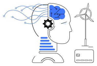 İnsan kafası, devreler, rüzgar türbini ve kredi kartı. Teknoloji, yapay zeka, yeşil enerji, finans, yenilik otomasyonu ve sürdürülebilirlik için ideal. Satır metaforu