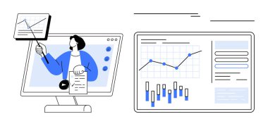 Bilgisayar ekranlarında gösterilen grafikler ve çizelgeler ile bir sunum sunan kişi. Webinarlar için ideal, sanal toplantılar, veri analizi, iş eğitimi, uzaktan çalışma, çevrimiçi