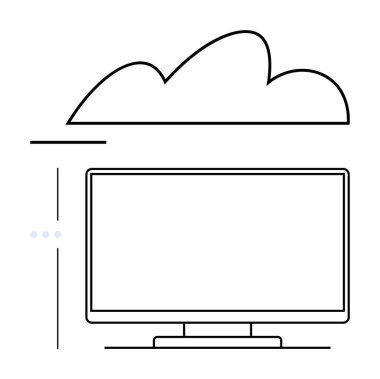 Bilgisayar monitörünün üzerinde bulutlar uçuşuyor. Teknoloji, internet, bulut hesaplama, veri depolama, çevrimiçi hizmetler, uzaktan erişim, dijital dönüşüm için ideal. Satır metaforu