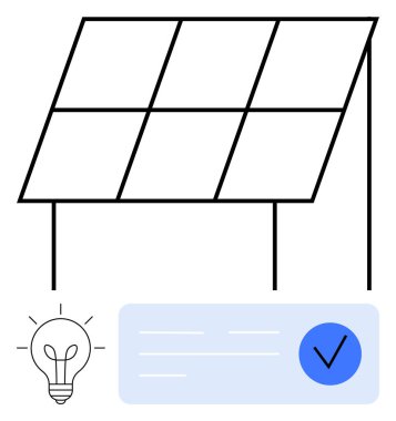 Güneş paneli temiz enerji üretiyor, yeniliği sembolize eden bir ampul ve çözüm onayını simgeleyen bir işaretle birlikte. Çevre dostu projeler, sürdürülebilirlik, yeşil enerji ve yenilenebilir enerji için ideal