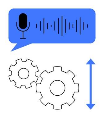 Mikrofon ve ses dalgası, dikey oklu iki vitesin üzerinde mavi konuşma balonunda. Ses tanıma, otomasyon, mekanik süreçler, teknik düzenlemeler, yapay zeka, üretkenlik araçları için ideal