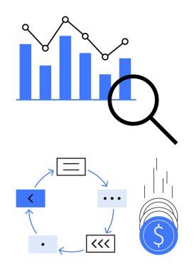 Büyüteçle ölçü ve çizgi grafiği, dairesel akış şeması ve aşağıya doğru düşen bozuk paralar. İş dünyası, mali analiz, ekonomik büyüme, yatırım stratejileri, veri görselleştirme, araştırma için ideal