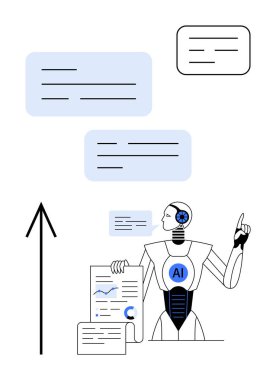 Yapay zeka robotu belgeler ve çizelgeler ile ayakta duruyor, yukarıya bakıyor ve konuşma baloncuklarıyla iletişim kuruyor. Teknoloji için ideal, yapay zeka, veri analizi, iletişim, makine öğrenimi