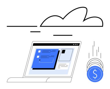 Finansal yönetim arayüzü, mavi ve beyaz dizaynlı, paralar buluttan düşüyor. Finans, bulut hesaplama, dijital işlemler, çevrimiçi bankacılık, fintech çözümler, bütçe