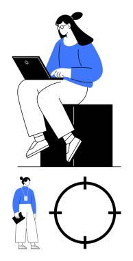 Mavi tişörtlü bir kadın blokta dizüstü bilgisayar kullanıyor, elinde belgelerle bekleyen başka bir kadın, hedef sembol. Uzak çalışma, iş planlaması, takım çalışması, hedef belirleme, profesyonel büyüme, kariyer için ideal