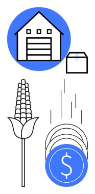 Ahır, kutu, mısır ve maddi büyüme kavramına sahip madeni paralar. Çiftçilik, tarım depolama lojistik ticaret ambalajı ve finans için ideal. Çizgi benzetmesi. Çizgi benzetmesi. Basit satır simgeleri