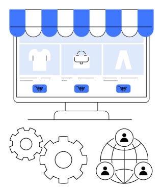 E-ticaret ağı, v09site bir bilgisayar ekranında vitrin güneşliği ile gösteriliyor. Alışveriş arabası simgeleri ürün resimlerinin altında, ayarları temsil eden vites simgeleri, kullanıcı simgelerine sahip küresel ağ. İdeal