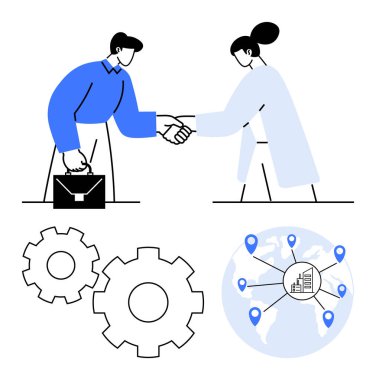 İki iş adamı el sıkışıyor, evrak çantası, vites ve noktalı küresel ağ. İş ortaklığı için ideal, küresel işbirliği, takım çalışması, ağ oluşturma, uluslararası ticaret