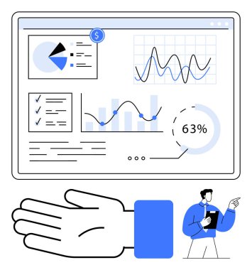 Çizelgeleri, pasta grafiği, kontrol listesi ve el hareketi olan bir iş ekranı. Veri analizi, iş dünyası, finans, istatistik stratejisi teknolojisi ve kurumsal sunumlar için ideal. Satır metaforu