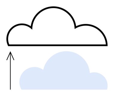 Yükleme işlemini gösteren yukarı doğru ok işaretli bir bulut sembolü. Veri transferi, bulut depolama, internet hizmetleri, çevrimiçi yedekleme, dosya paylaşımı, dijital iletişim ve yazılım güncellemesi için ideal. Çizgi