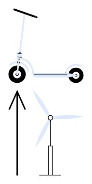 Electric scooter charging powered by a wind turbine, showcasing eco-friendly transportation and renewable energy. Ideal for sustainability, renewable energy, green technology, eco-friendly solutions clipart