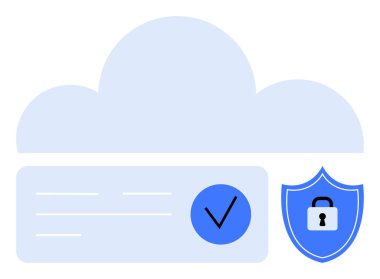 Veri çizgileri olan bir bulut, işaretli mavi bir daire ve kilitli bir güvenlik kalkanı. Siber güvenlik, bulut depolama, veri koruması, çevrimiçi gizlilik, güvenli sistemler, teknoloji hizmetleri için ideal