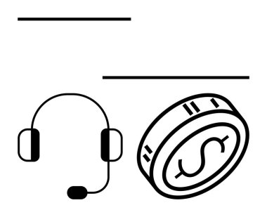 Mikrofon ve dolar paralı kulaklık müşteri desteği ve finansal hizmetleri temsil ediyor. Çağrı merkezleri, finansal danışma, hizmet sektörü, ecommerce, destek yardım hatları, müşteri