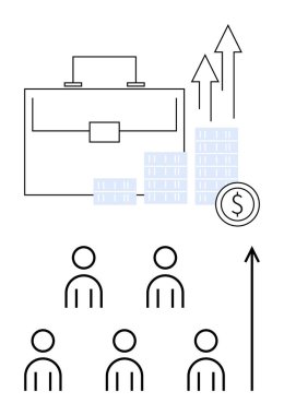 Evrak çantası yükselen oklar para desteleri beş kişilik semboller, yukarı doğru ok. İş, finans, takım çalışması, büyüme, başarı, kurumsal strateji, ekonomi için idealdir. Satır metaforu