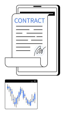 Digital contract signed on a tablet screen, includes candlestick chart. Ideal for business agreements, e-signatures, financial analysis, investment, tech solutions, digital business legal tech. Line clipart