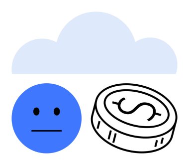 Mavi bulut, üzgün surat ve madeni para maddi sıkıntılar ve ekonomik kriz kavramı yaratıyor. Finansal mücadele, çevrimiçi bankacılık riski, ekonomik kriz, tasarruf sorunları, mali sorunlar için ideal