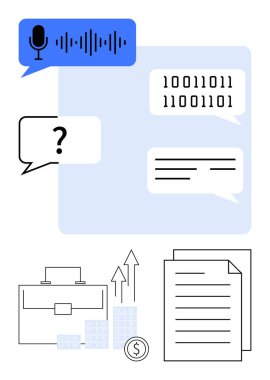 Mikrofon ses komutları, ikili kod, sohbet baloncukları, evrak çantası, büyüme grafiği, para birimi sembolü ve belgeler. Teknoloji için ideal iş büyümesi iletişim veri analizi finansal planlama