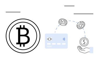 Bitcoin sembolü, kablosuz sinyali olan kredi kartı, bozuk para yakalayan el. Kripto para birimi, çevrimiçi işlemler, dijital ödemeler, engelleme zinciri teknolojisi, finansal hizmetler, bankacılık yeniliği için ideal