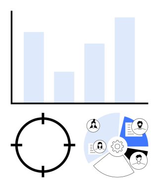 Üç mavi çubuklu bar tablosu, hedef sembol, kullanıcı profili ve teçhizatı da içeren dört dilimli pasta tablosu. İş stratejisi, analitik, takım çalışması, hedefler, kullanıcı hedefleme, veri