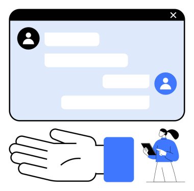 Digital chat window with user icons and messages, outstretched hand symbolizing support, person holding a tablet. Ideal for communication, technology, customer service, support, collaboration, user clipart