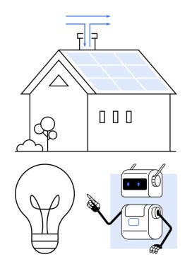 Güneş panelleri olan ev ağaç ampulü ve robot. Akıllı ev, enerji verimliliği, yenilenebilir enerji, sürdürülebilirlik, otomasyon, yenilik ve teknoloji için ideal. Satır metaforu