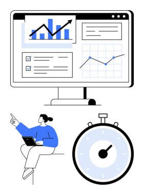 Sayısal gösterge paneli büyüme grafikleri kontrol listesi, kronometre, dizüstü bilgisayarı olan kadın, veri analizi. Üretkenlik, zaman yönetimi, iş analizi, proje yönetimi, veri görselleştirme için ideal