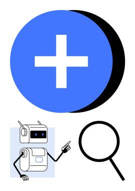 Beyaz ve işaret eden minimalist robotlu mavi daire, büyük büyüteç. Teknoloji için ideal, yapay zeka, yenilik, arama, rehberlik, toplama, keşif. Satır metaforu