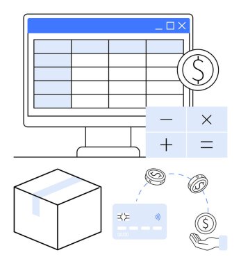 Bilgisayar ekranında bir hesap tablosu, hesap makinesi işaretleri, döviz sembolleri, kredi kartı, para değişimi ve bir nakliye kutusu görülüyor. E-ticaret, finans yönetimi, işlem lojistiği için ideal