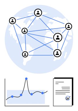 Bir dünya haritasına bağlı düğümler dalgalı bir grafik ve imzalı bir belge. Ağ oluşturma, küreselleşme, analitik, iletişim, bağlantı, dijitalleştirme, küresel erişim için idealdir. Çizgi