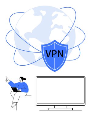 Geniş VPN kalkanında dizüstü bilgisayarı olan bir kadın dünyayı birbirine bağlıyor ve güvenli taramayı vurguluyor. İnternet gizliliği, siber güvenlik, VPN hizmetleri, çevrimiçi güvenlik, dijital güvenlik, uzaktan çalışma, veri