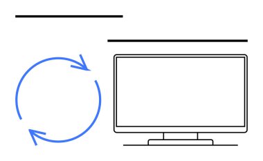 Mavi dairesel oklara bitişik boş bilgisayar monitörü süreci ya da döngüyü gösteriyor. Sunumlar, iş dünyası, teknoloji, eğitim, yazılım güncellemeleri, süreç optimizasyonu, sürekli