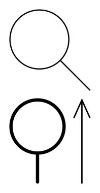 Basit siyah çizgiler içinde dairesel büyüteç ve dikey ok sembolleri. Arama kavramları, ilerleme göstergeleri, navigasyon rehberleri, keşif temaları, büyüme temaları, yönler için ideal