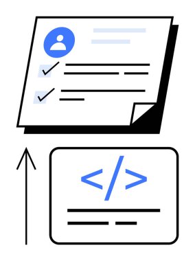 Kontrol listesi olan kullanıcı profili sayfası, dikdörtgen içinde mavi kod sembolü, yukarı doğru siyah ok. Web, v10 geliştirme, kodlama dersleri, kullanıcı arayüzleri, çevrimiçi sınavlar, proje yönetimi, dijital