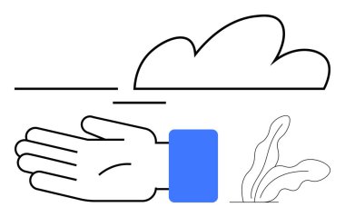 Mavi kollu bir jest, üstte bir bulut ve üste bir bitki. Destek, doğa, büyüme, basitlik, minimalizm çevre koruma ve bakım konuları için idealdir. Çizgi