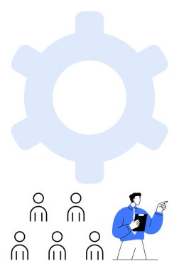 Gear symbol and individuals with team leader holding documents and pointing. Ideal for business, teamwork, leadership, presentations, strategy, management, training. Line metaphor