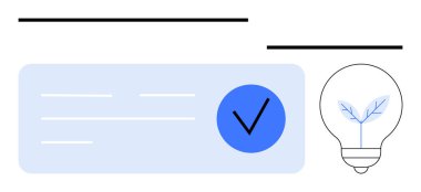 Mavi kutudaki işaret, içinde bir bitki bulunan bir ampul ile birlikte onaylanmış fikirlerin sinyalini veriyor. Proje onayı, fikir üretimi, yenilik, yaratıcılık, çevre dostu kavramlar, iş dünyası için ideal