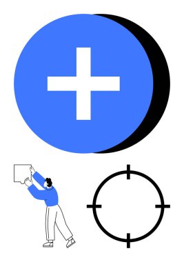 Üzerinde artı işareti olan mavi yuvarlak ekleme tuşu, kafasının üstünde bir yapboz parçası tutan kişi ve siyah bir hedef sembolü. Takım çalışması, işbirliği, problem çözme, hedef belirleme ve proje için ideal