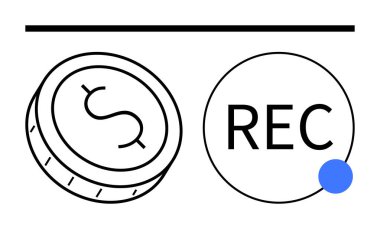 Üzerinde mavi nokta olan REC yazan bir dairenin yanında dolar işareti olan sikke. Finans, dijital medya, kayıt, podcastlar, yayınlar, finansal hizmetler, yaratıcı endüstriler için ideal. Satır metaforu