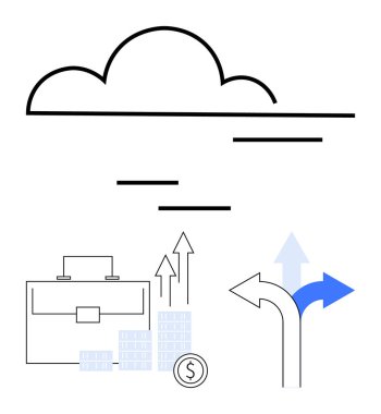 Cloud icon with horizontal lines, briefcase, stacked coins, upward arrows, and directional signs. Ideal for business growth, strategy, finance, cloud computing decision-making career planning clipart