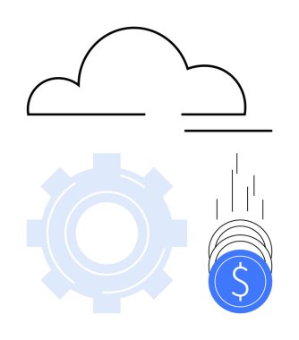 Cloud above blue gear and falling coins symbolizing financial technology and cloud computing. Ideal for fintech, cloud services, automation, economic analysis, digital transformation, online clipart