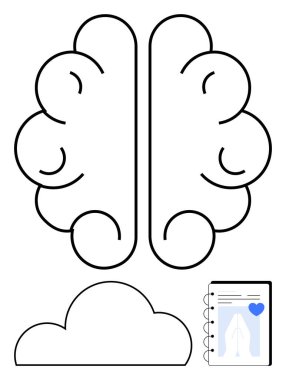 Minimalist beyin çizgisi, bulut şekli ve kalp ikonlu defter. Akıl sağlığı, eğitim, yaratıcılık, bilişsel bilim, beyin fırtınası psikolojisi, kişisel bakım için idealdir. Satır metaforu