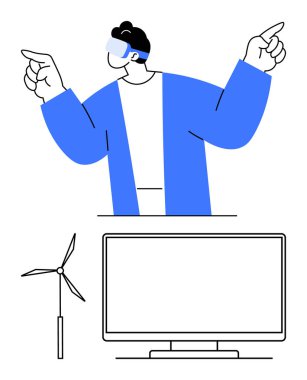 VR kulaklık takan adam yukarı bakıyor, mavi ceket giymiş. Büyük ekran görüntüsü ve aşağıdaki rüzgar türbini. Sanal gerçeklik, teknoloji, çevre, eğitim, sunumlar ve gelecekteki teknoloji için ideal