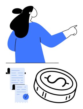 Sağı gösteren kadın, işaretli finansal belge ve dolar işaretli para. Finans, iş, yatırım, sunumlar, eğitim bilgileri için ideal. Satır metaforu