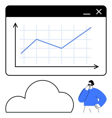 Mavi elbiseli bir iş adamı ekranda, bulutların altında bir büyüme grafiği çiziyor. Teknoloji, finans, iş stratejisi, veri analizi, piyasa araştırması, yenilik, gelecekteki eğilimler için ideal
